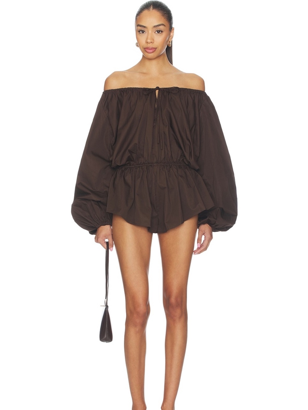 Lovers + Friends Off-Shoulder Brown Long-Sleeve Romper